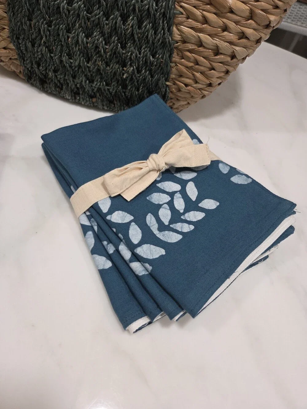 Handsewn Overdyed Artisan Napkin Set - Teal Leaf-Print Cotton - 4 Count